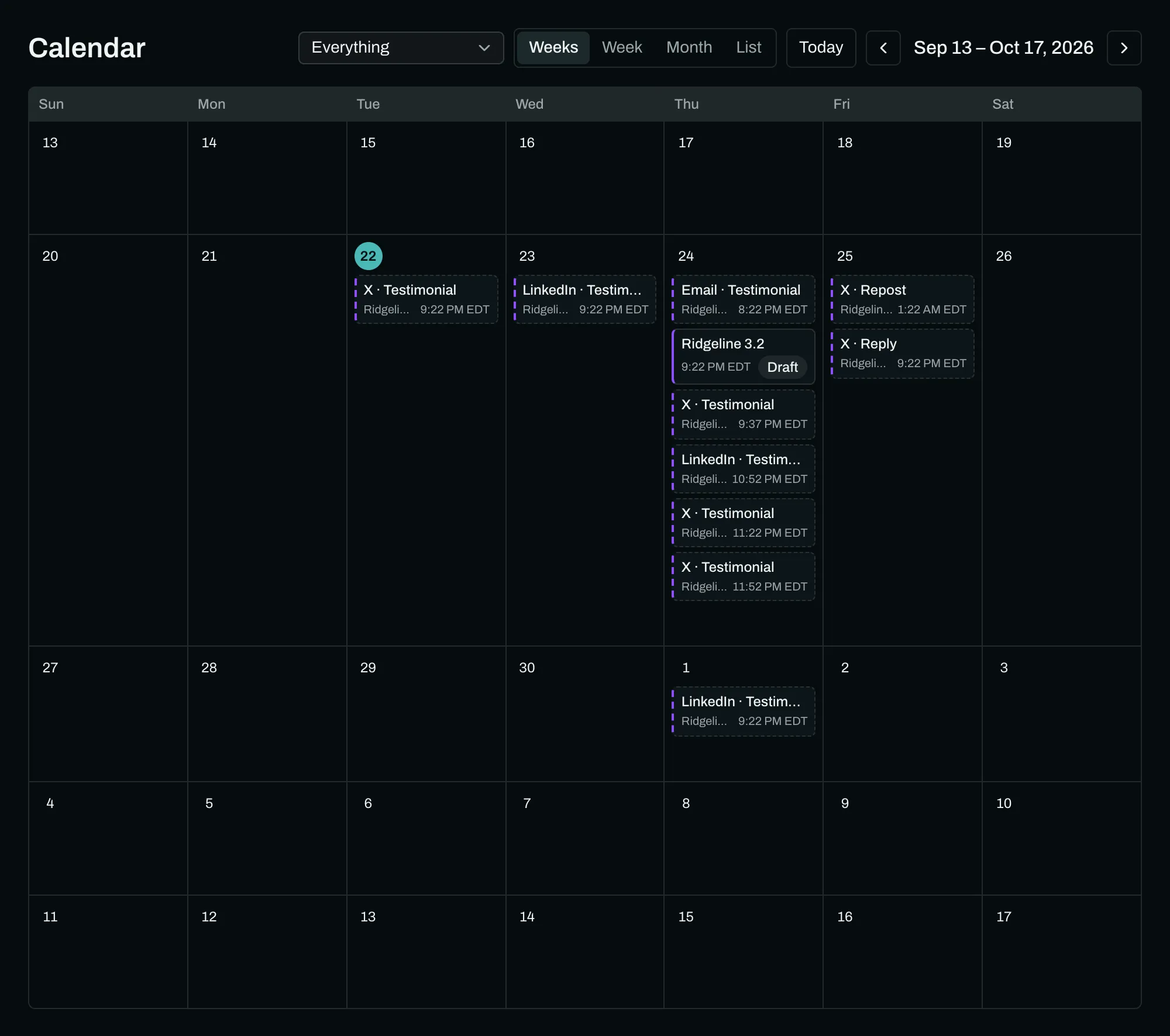 A month calendar showing teaser posts on the two days before launch, a cluster of posts across launch day itself, and follow-up posts scheduled a day and a week afterwards.