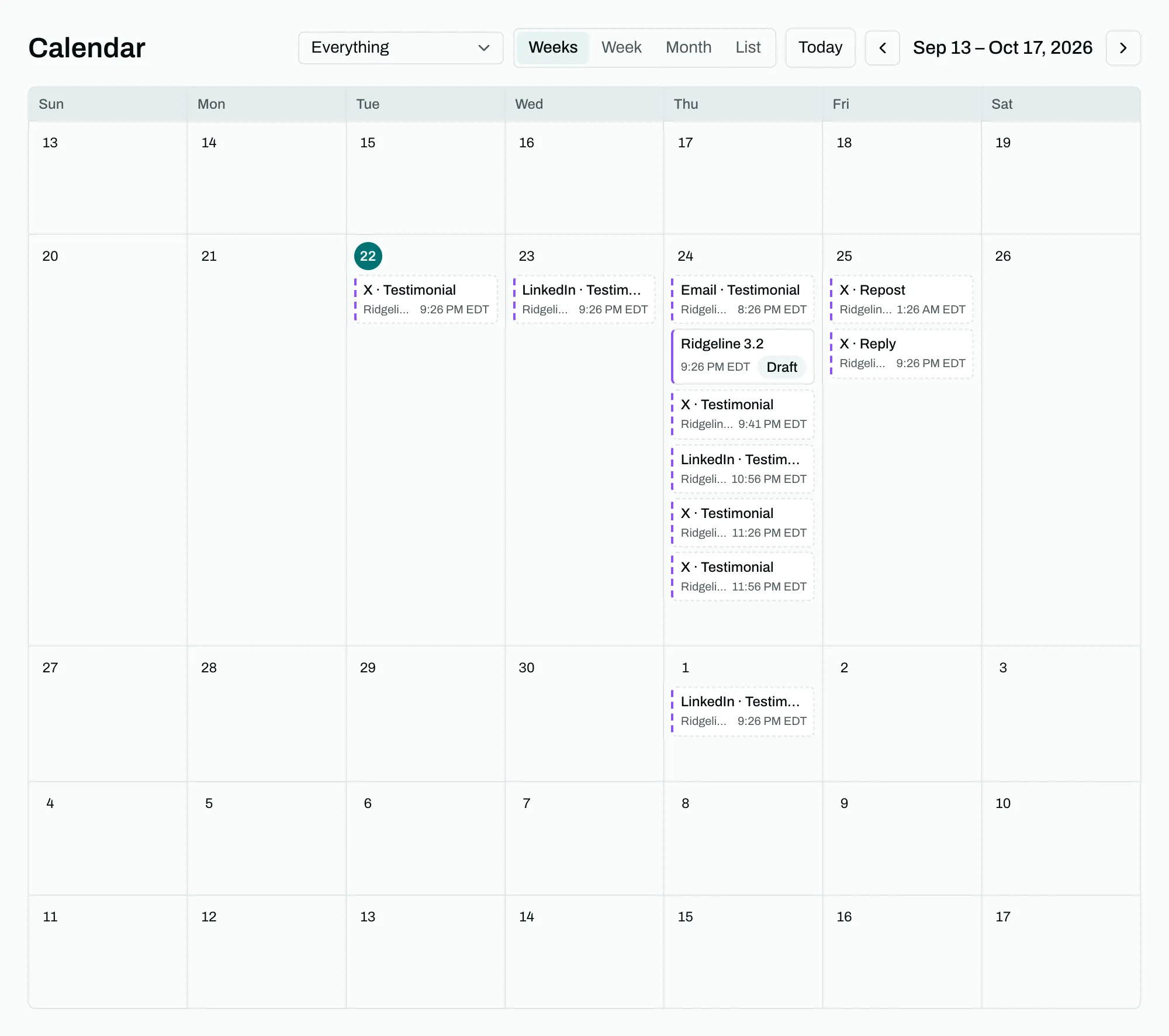 A month calendar showing teaser posts on the two days before launch, a cluster of posts across launch day itself, and follow-up posts scheduled a day and a week afterwards.